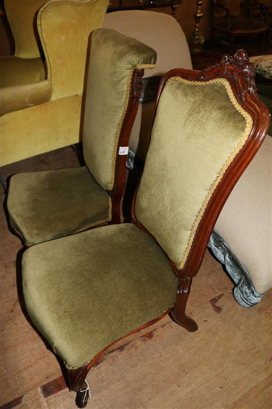 Victorian walnut prie-dieu chair upholstered in green & a similarly upholstered nursing chair